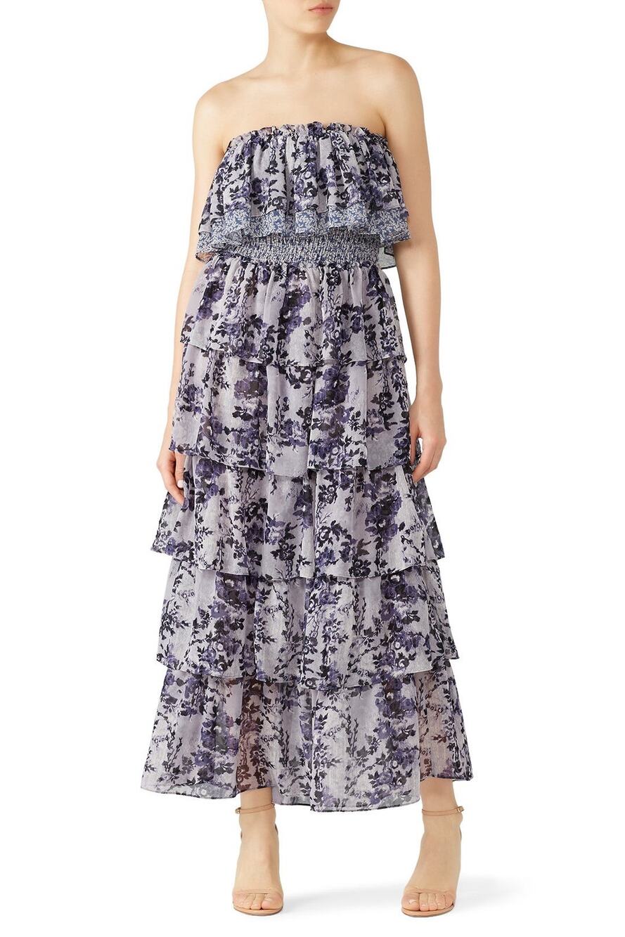MISA Nadia Purple Blue Strapless Floral Print Tiered Maxi Dress Size M